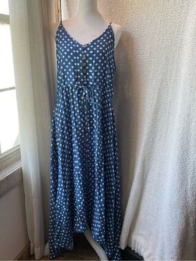 Sleeveless Blue Polka Dot Maxi Dress with Tie Waist